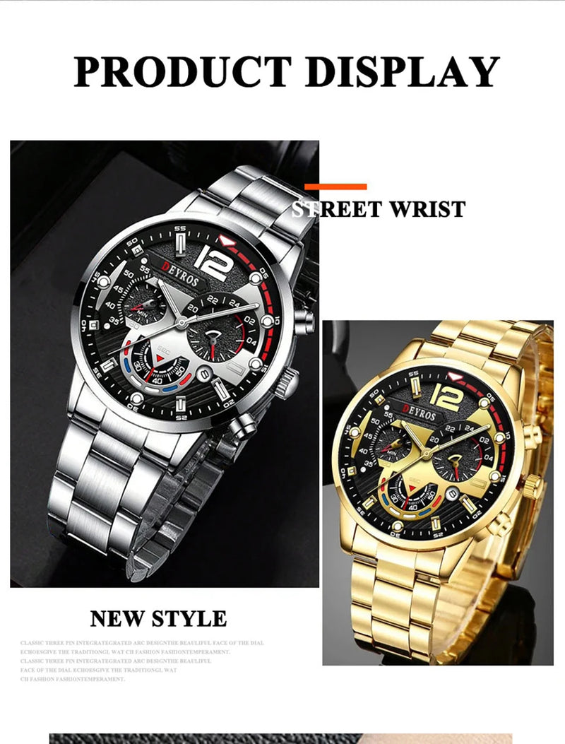 Relógio de pulso de quartzo em aço inoxidável masculino, relógios masculinos de negócios, pulseira casual, colar de ouro, relógio de pulso

3PCS Set Fashion Mens Business Watches Male Casual Stainless Steel Quartz Wris